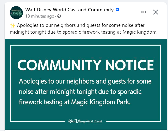 Magic Kingdom Will Be Conducting Fireworks Testing Overnight Post Image